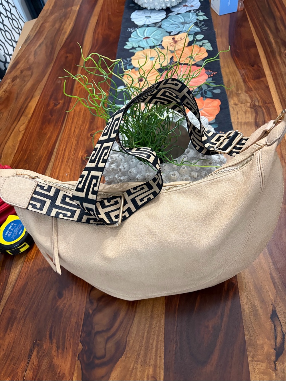 Anthropologie Cream vegan leather  Hobo with Black-and-Cream Geometric Strap